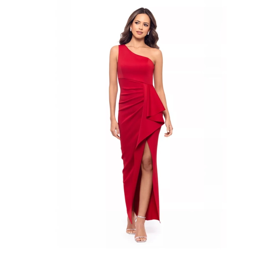 Xscape One-Shoulder Red Scuba Gown NWT